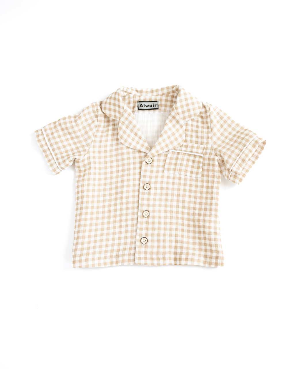 Beige gingham short sleeve pajama shirt for children