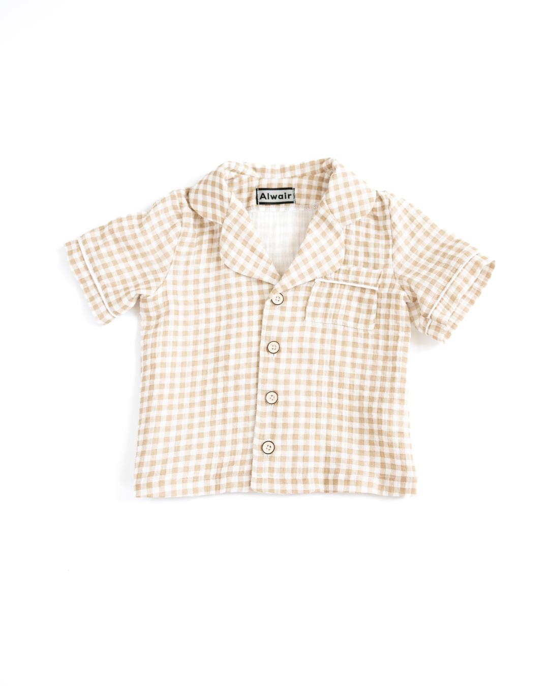 Beige gingham short sleeve pajama shirt for children