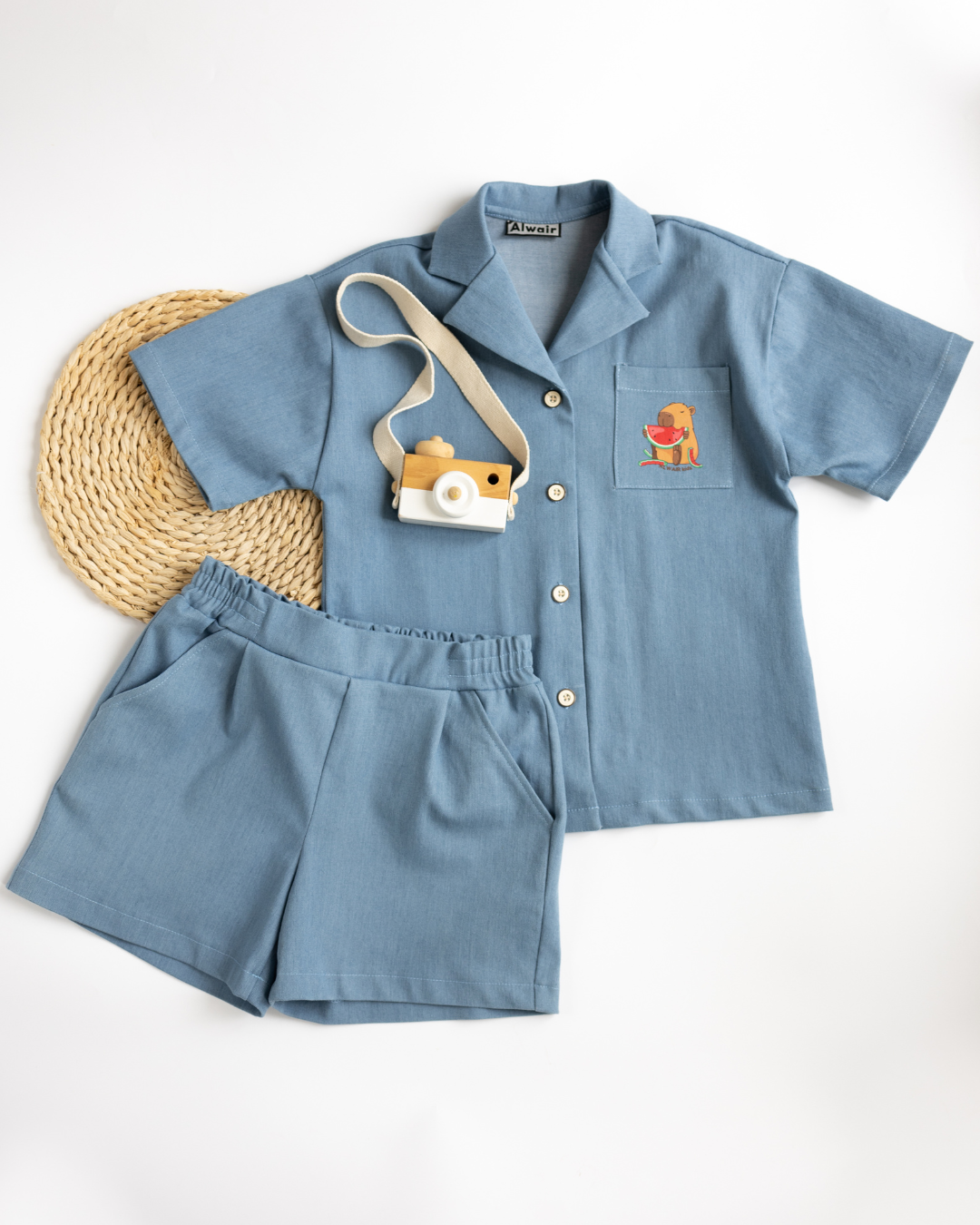 Light blue denim summer outfit for girls with shorts and shirt set - Alwair Kids