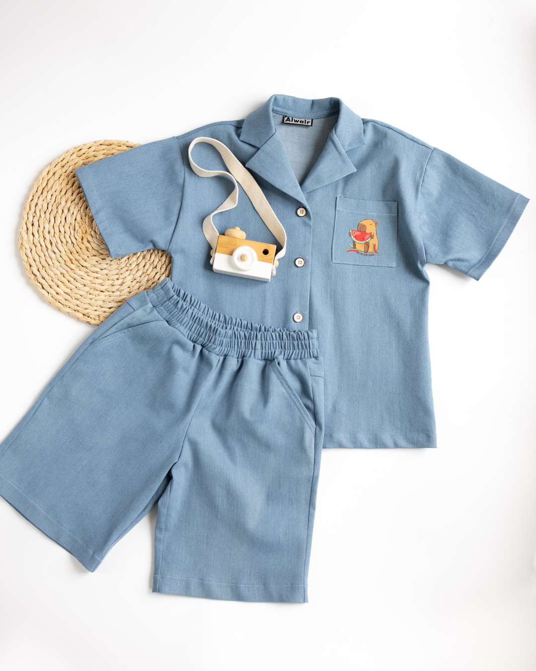 Denim shorts styled with matching shirt for boys from Alwair Kids