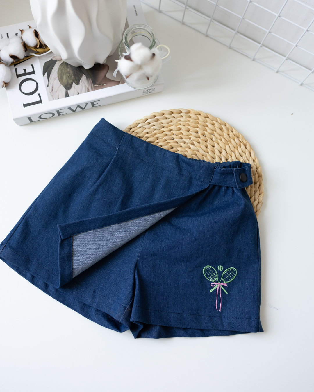 Denim skort with open flap showing interior shorts for girls by Alwair Kids