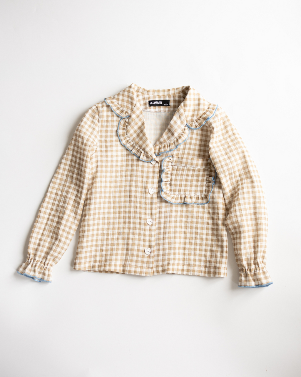 Girls' gingham muslin pajama shirt with blue ruffle by Alwair Kids