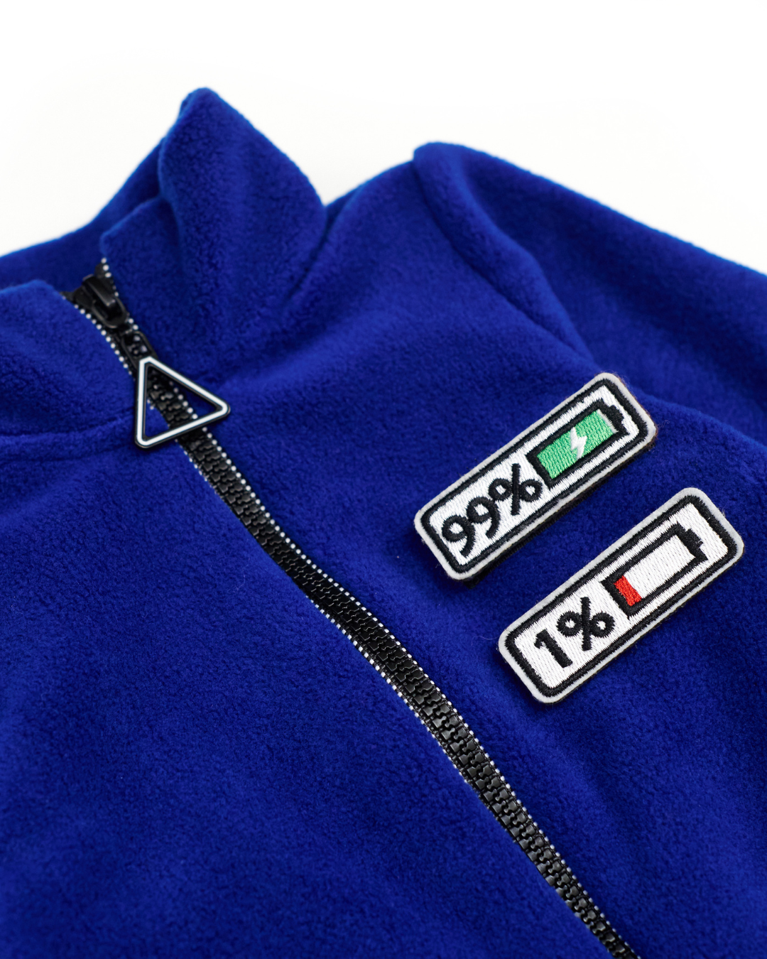Mood battery patches – 99% and 1% on navy fleece jumpsuit