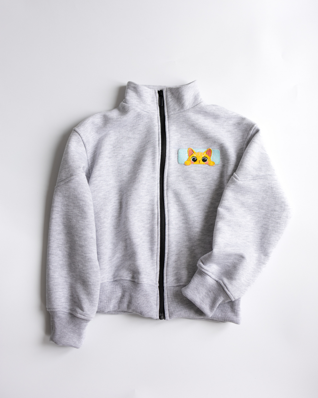 Grey cotton kids zip jacket with cute orange cat embroidery on chest