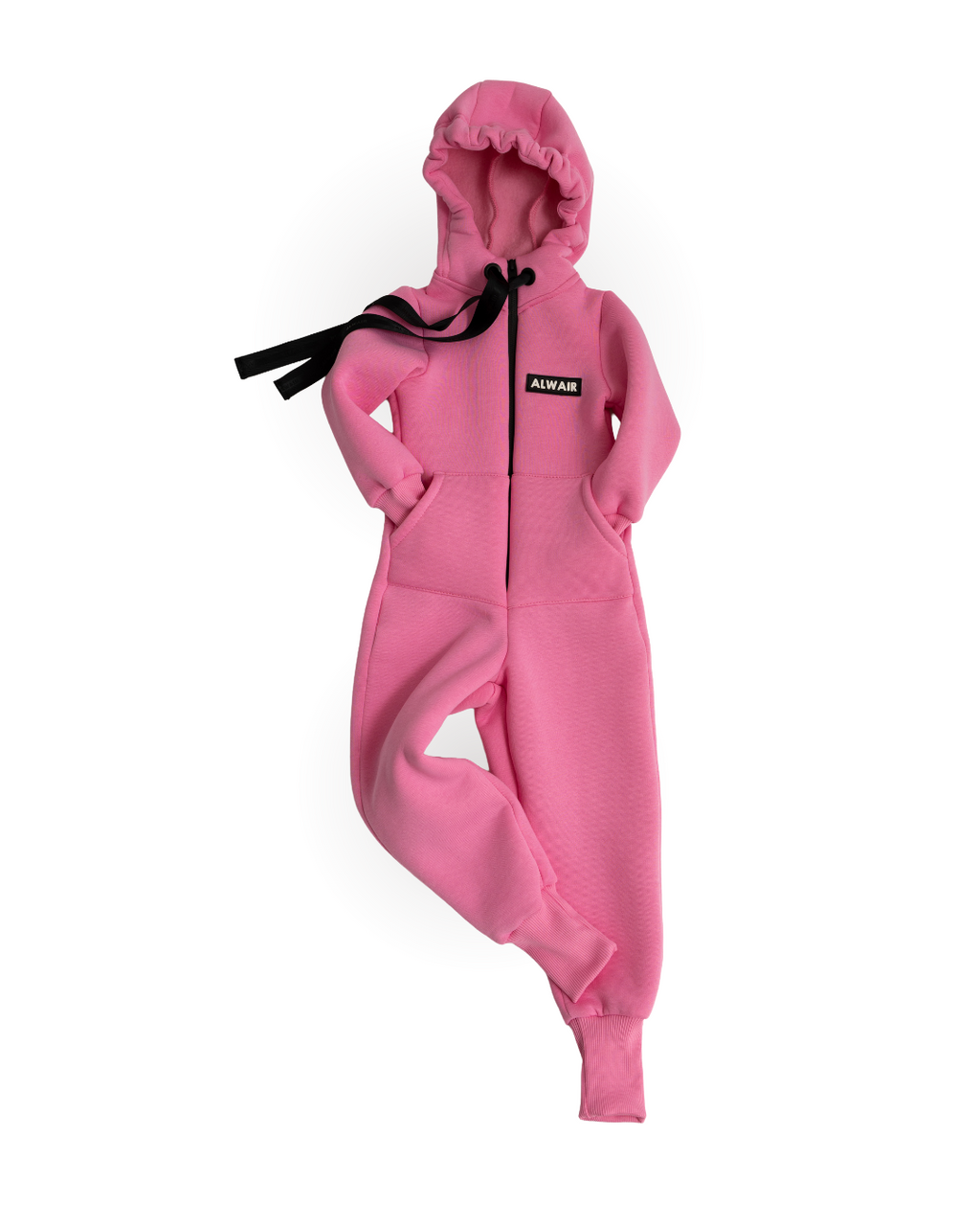 Front view of light pink fleece kids jumpsuit with hood, zipper and Alwair logo