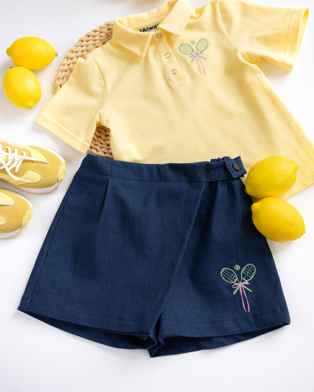 Tennis outfit flat lay with yellow polo and denim skort for girls by Alwair Kids