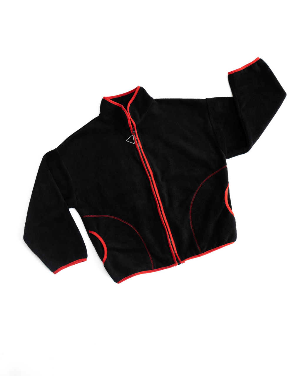 Kids fleece jacket black with red trim full front view by Alwair Kids