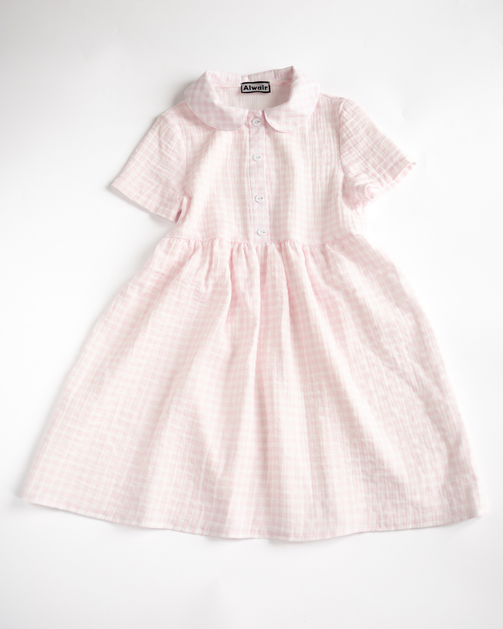 Pink gingham muslin summer dress for girls with Peter Pan collar by Alwair Kids