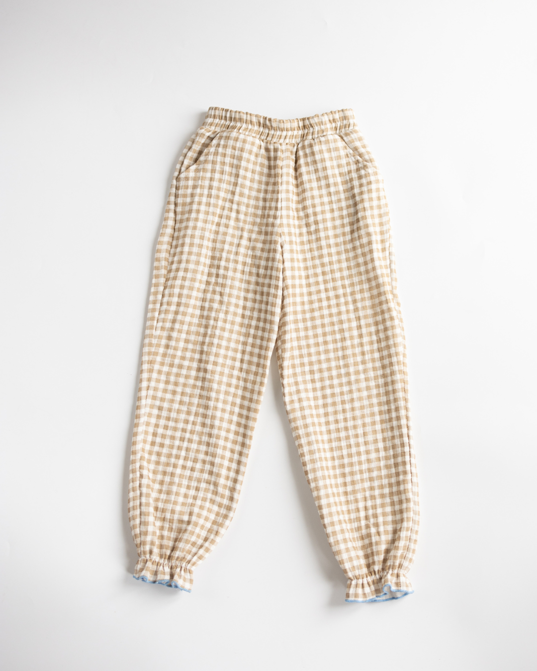 Beige plaid muslin pajama pants for girls with soft elastic waistband
