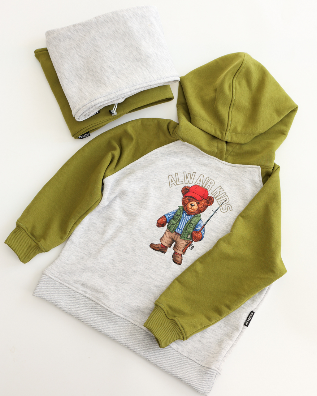 Green and grey hoodie with fisherman teddy bear print by Alwair Kids for boys