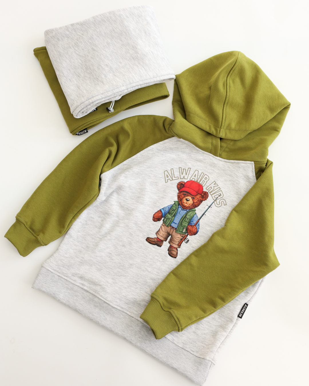 Green and grey hoodie with fisherman teddy bear print by Alwair Kids for boys