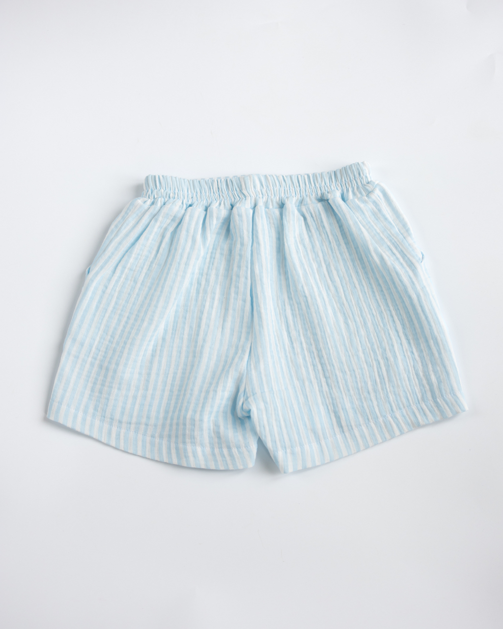 Striped light blue muslin shorts for kids with elastic waistband by Alwair Kids