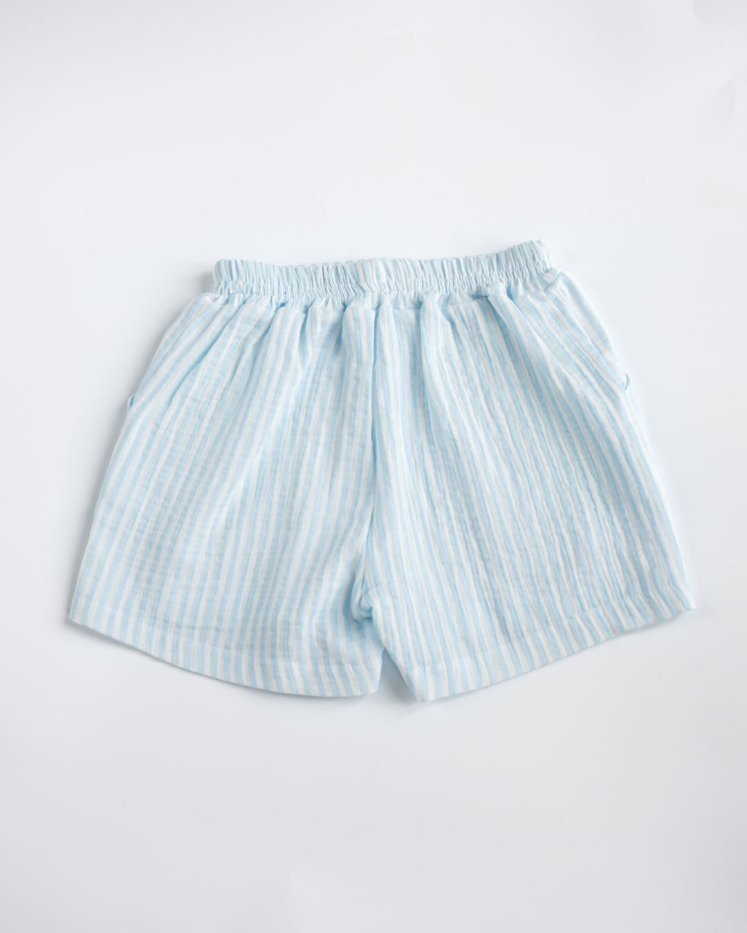 Striped light blue muslin shorts for kids with elastic waistband by Alwair Kids