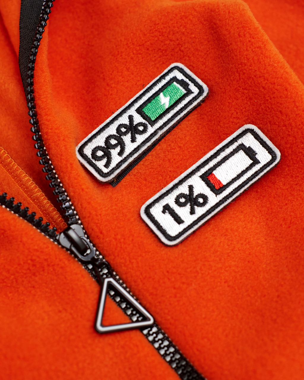Mood battery patches on fleece jumpsuit – 99% and 1%
