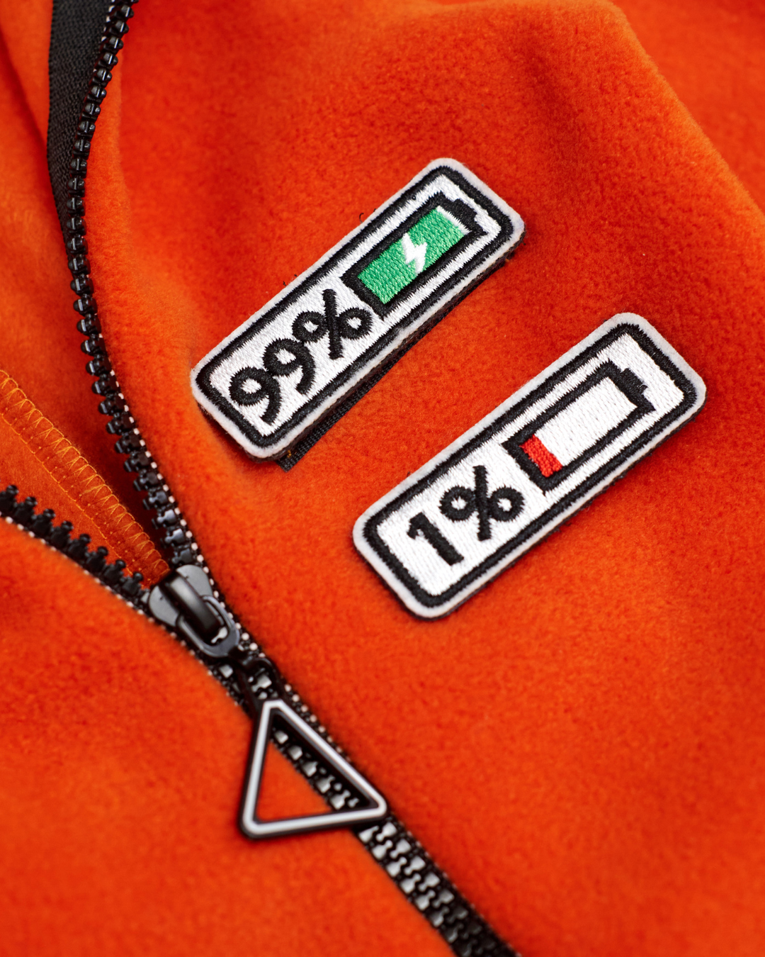 Mood battery patches on fleece jumpsuit – 99% and 1%