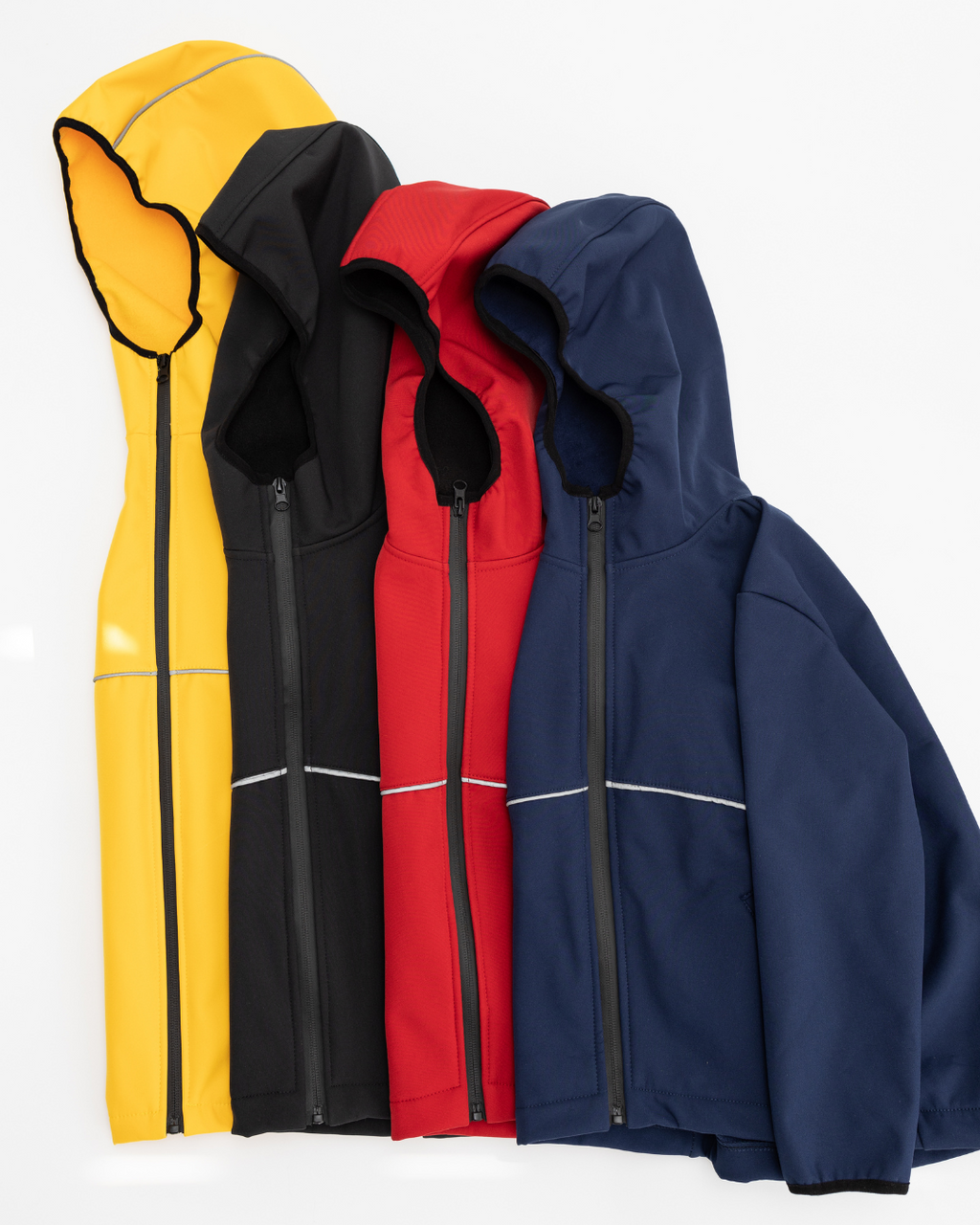 Four colors of kids softshell jackets by Alwair Kids: yellow, black, red, navy

