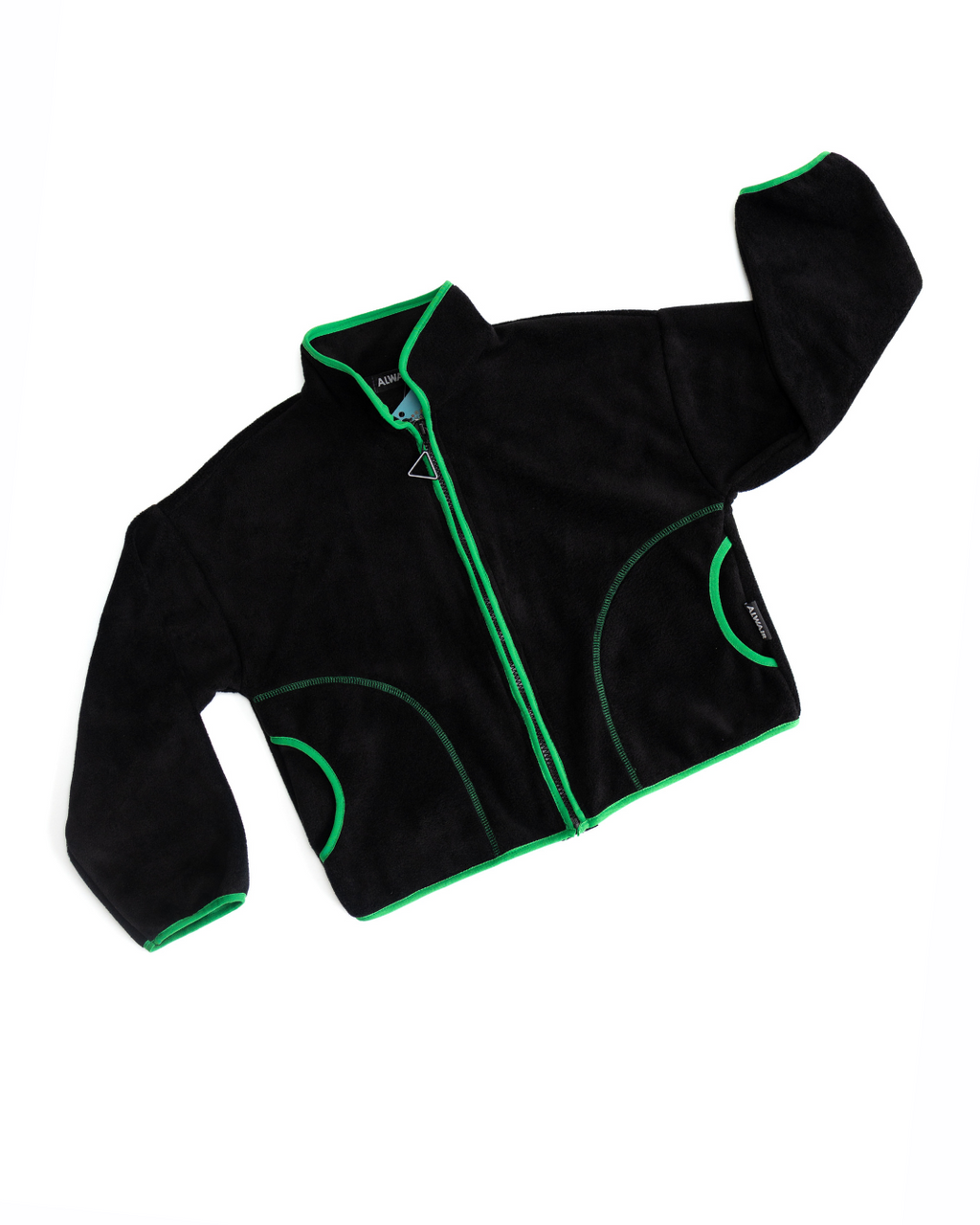 Black fleece jacket with green trim for kids by Alwair Kids flat lay