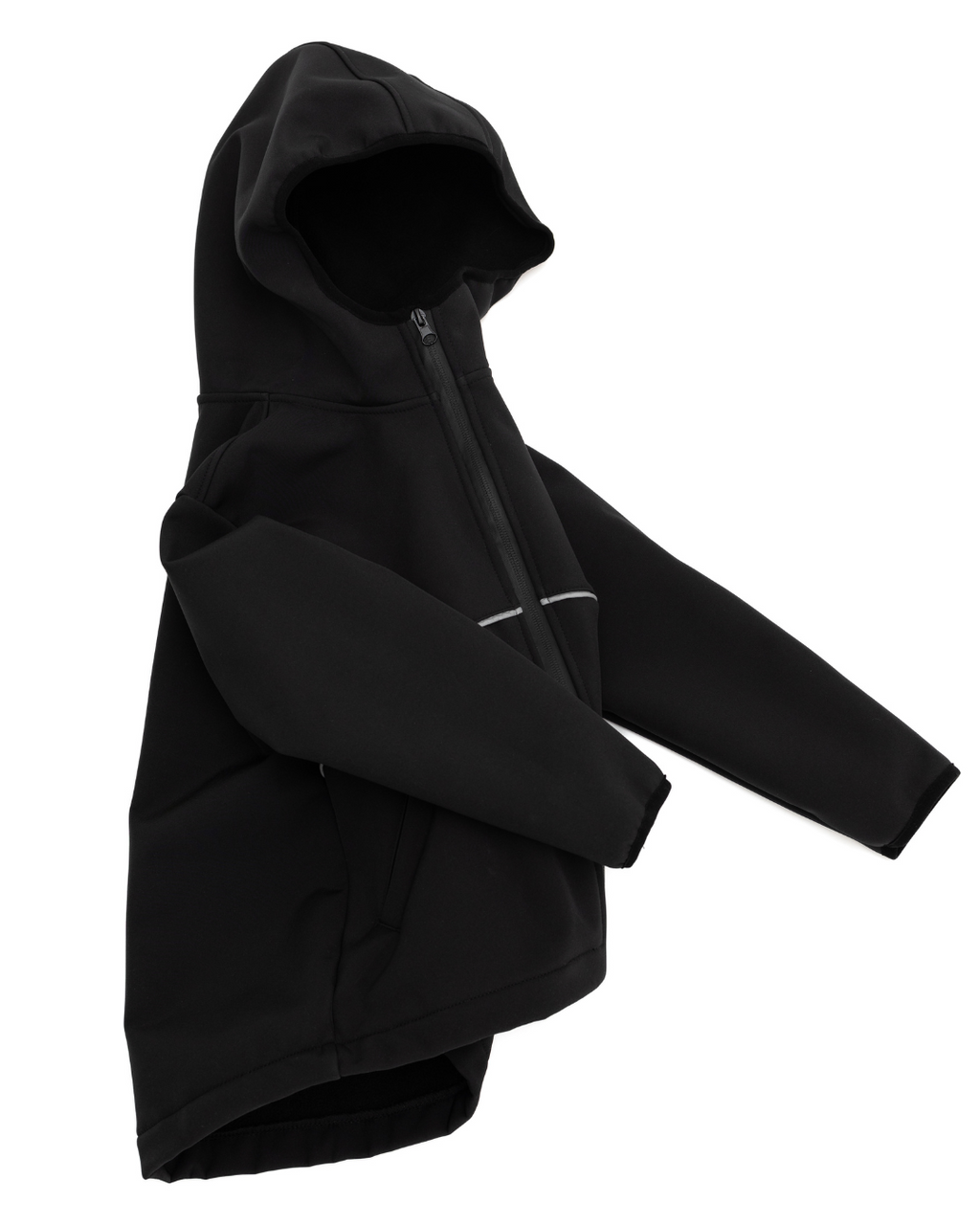 Flat lay of black softshell jacket for children with hood and zipper by Alwair Kids

