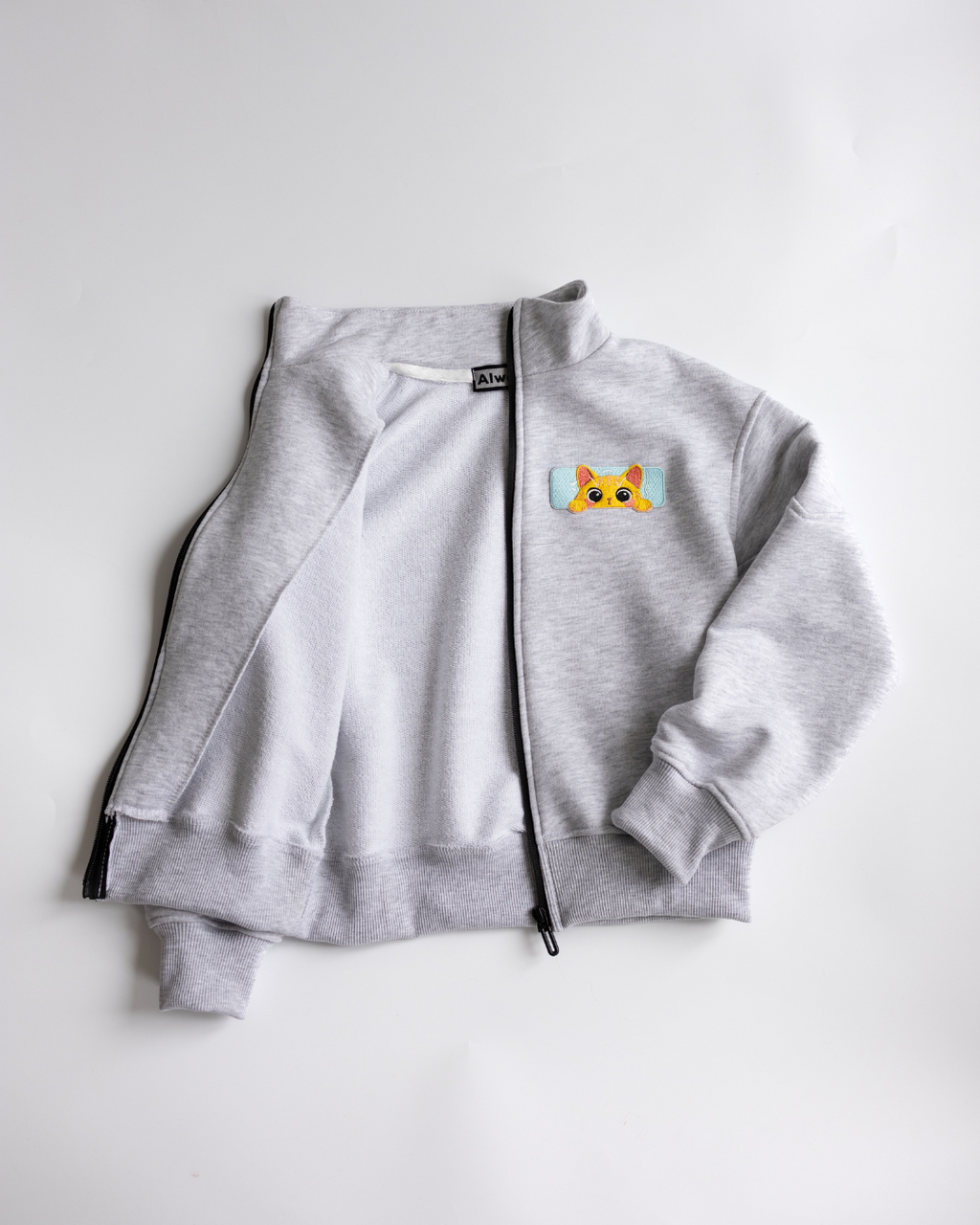 Inside view of Alwair Kids grey cotton zip-up jacket for girls

