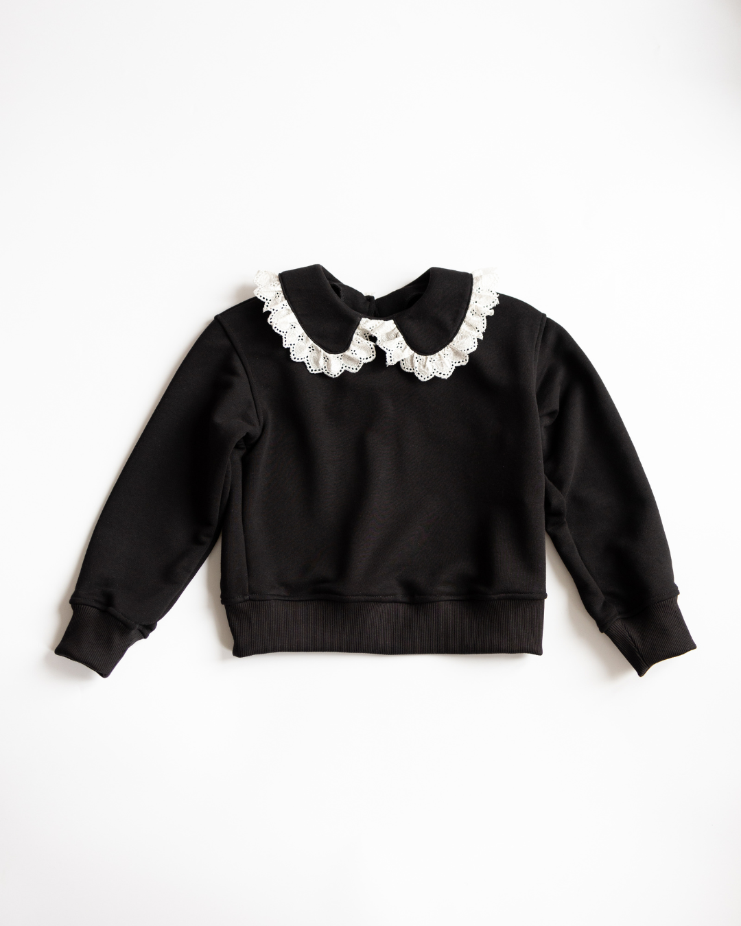 Black girls’ cotton sweatshirt with white lace collar – front view