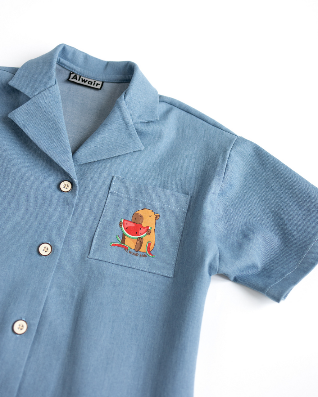 Diagonal angle of denim shirt for girls with cute capybara chest print – Alwair Kids