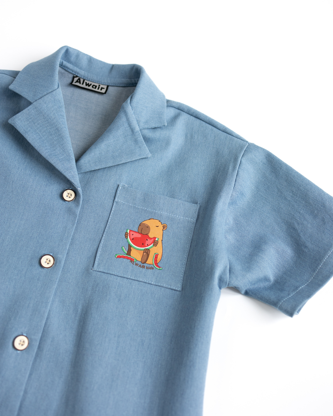 Diagonal angle of denim shirt for girls with cute capybara chest print – Alwair Kids