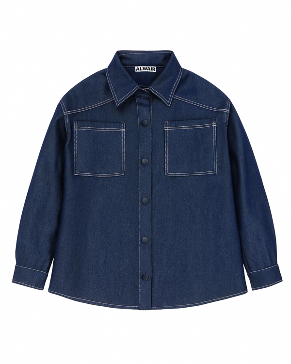 2.	Kids denim shirt fleece lined front view blue warm snap button Alwair Kids