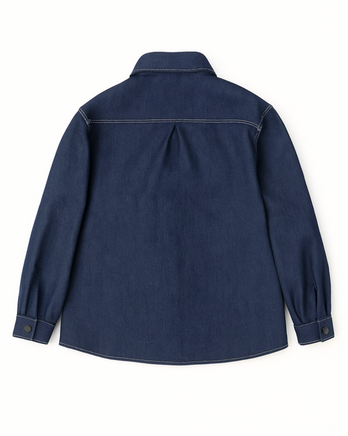 Back view kids warm denim shirt with fleece lining blue Alwair Kids