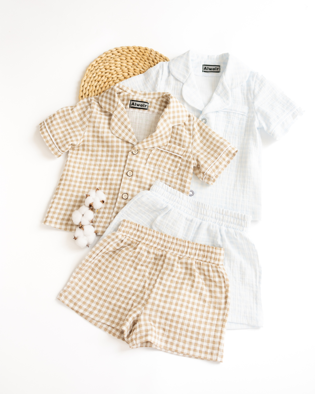 Muslin summer pajama set for kids in blue and beige by Alwair Kids