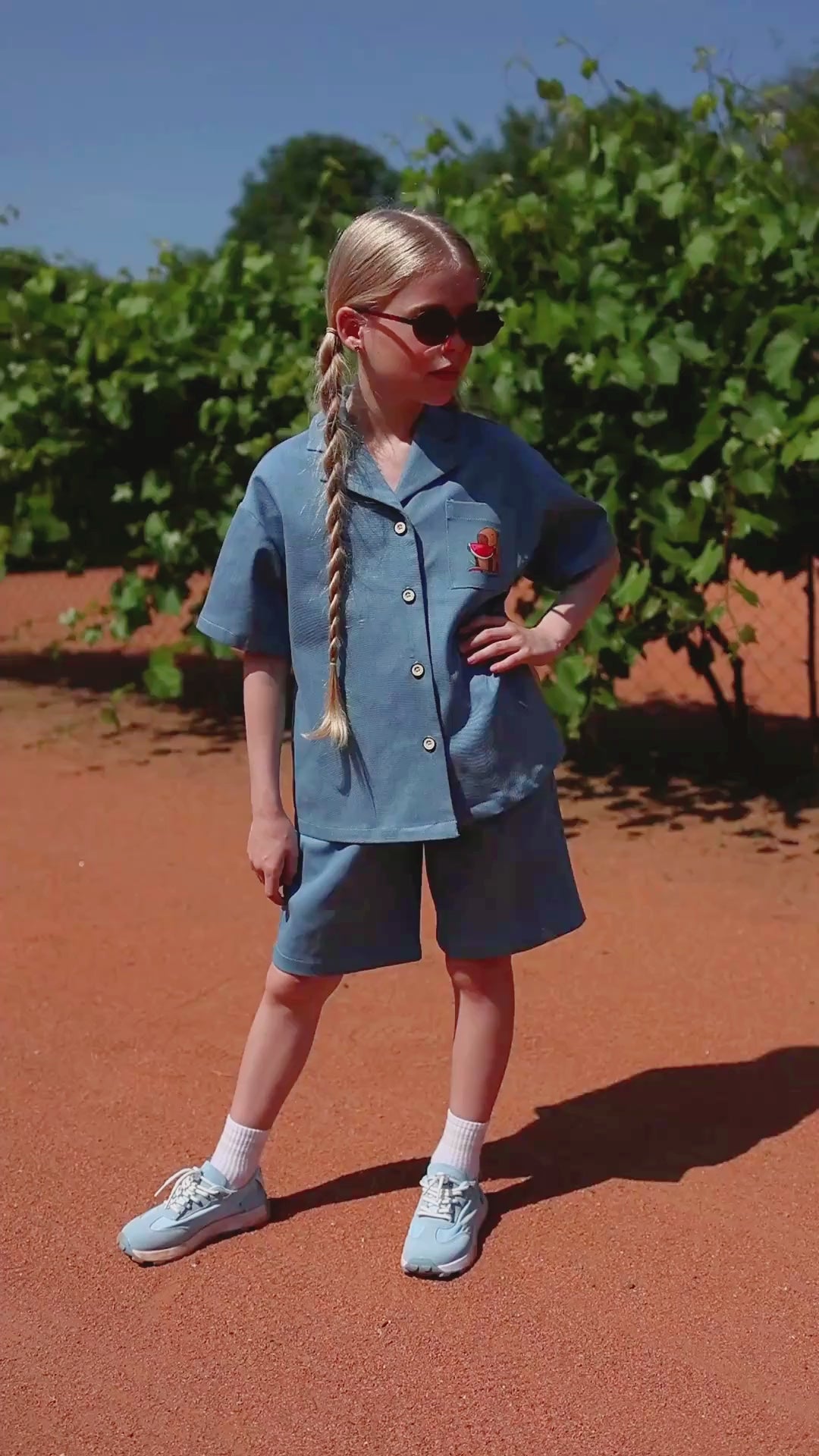 Kids denim summer set with capybara print – short-sleeve shirt and elastic-waist shorts with pockets by Alwair Kids